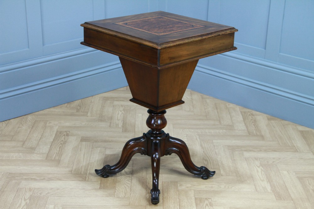 Antique Victorian Mahogany & Burr Yew Wood Inlaid Sewing Table Side Lamp C1860 View XI