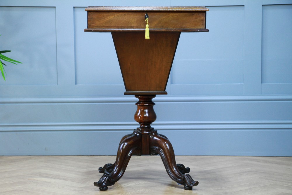 Antique Victorian Mahogany & Burr Yew Wood Inlaid Sewing Table Side Lamp C1860 View XIV