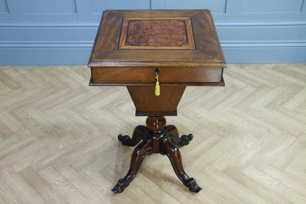 Antique Victorian Mahogany & Burr Yew Wood Inlaid Sewing Table Side Lamp C1860 View XV