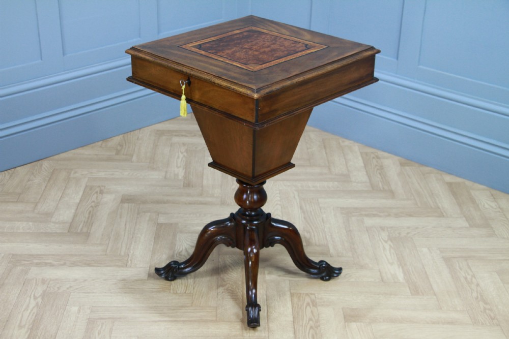 Antique Victorian Mahogany & Burr Yew Wood Inlaid Sewing Table Side Lamp C1860 View XVI