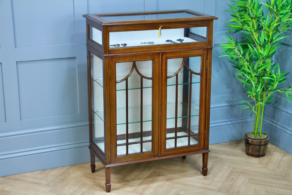 Antique Edwardian Mahogany Inlaid Glazed Collectors Display China Cabinet C1900