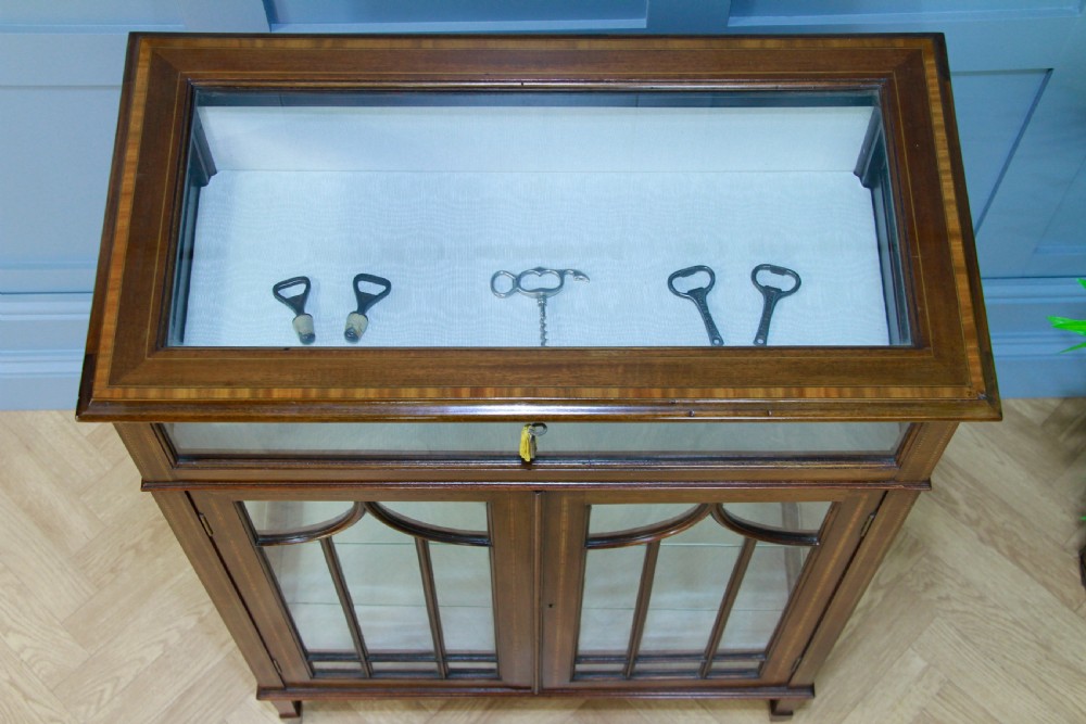 Antique Edwardian Mahogany Inlaid Glazed Collectors Display China Cabinet C1900 View II