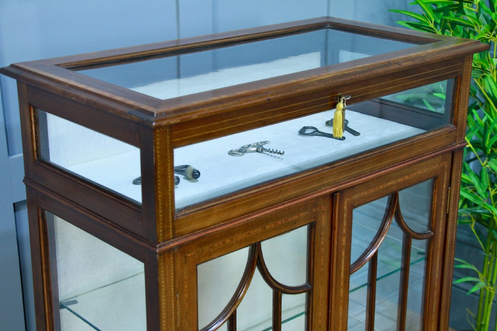 Antique Edwardian Mahogany Inlaid Glazed Collectors Display China Cabinet C1900 View V