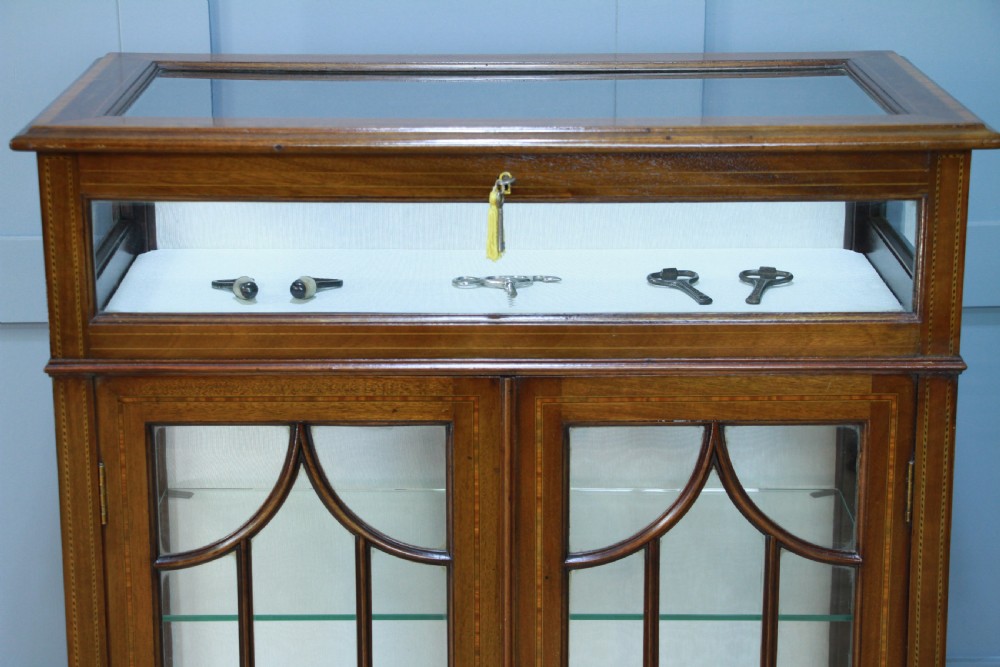 Antique Edwardian Mahogany Inlaid Glazed Collectors Display China Cabinet C1900 View VI