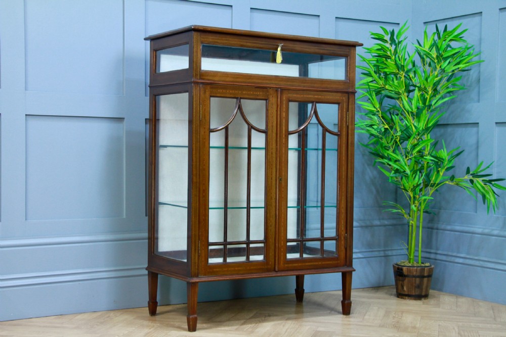 Antique Edwardian Mahogany Inlaid Glazed Collectors Display China Cabinet C1900 View VIII