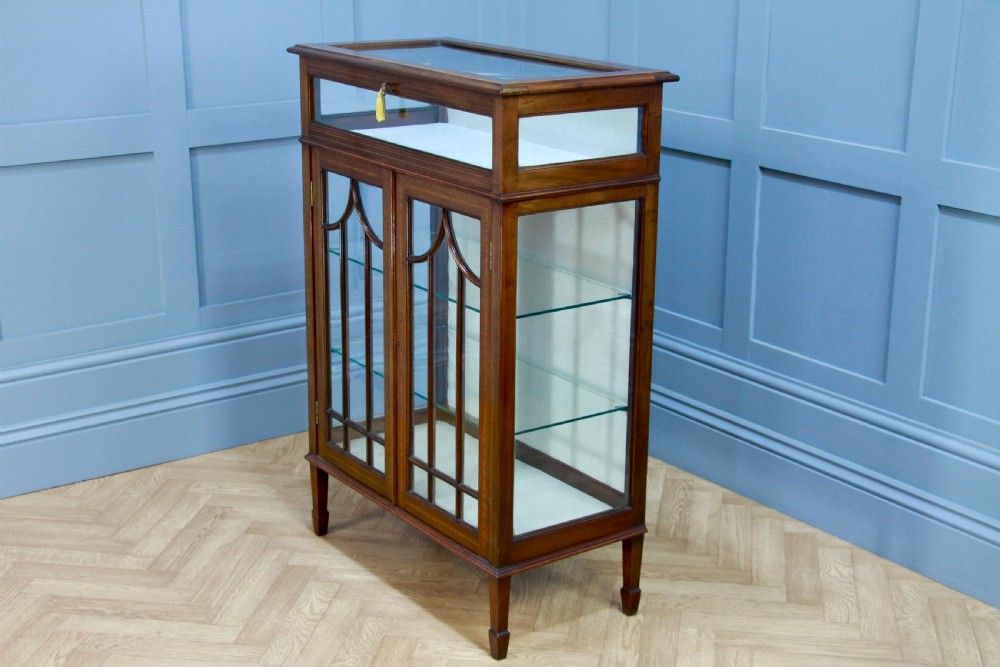 Antique Edwardian Mahogany Inlaid Glazed Collectors Display China Cabinet C1900 View IX