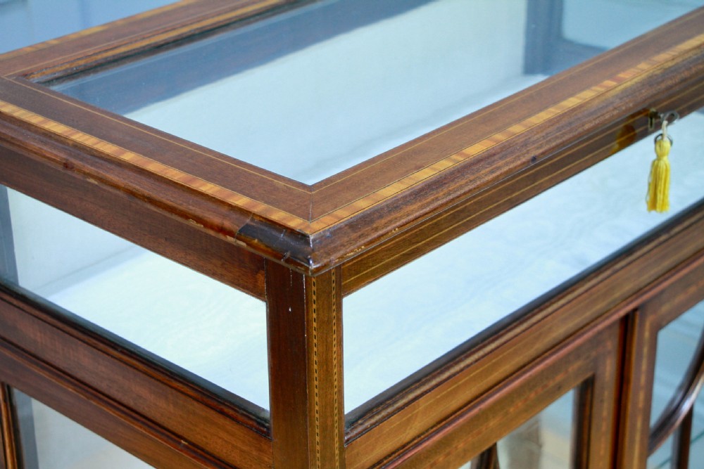Antique Edwardian Mahogany Inlaid Glazed Collectors Display China Cabinet C1900 View X