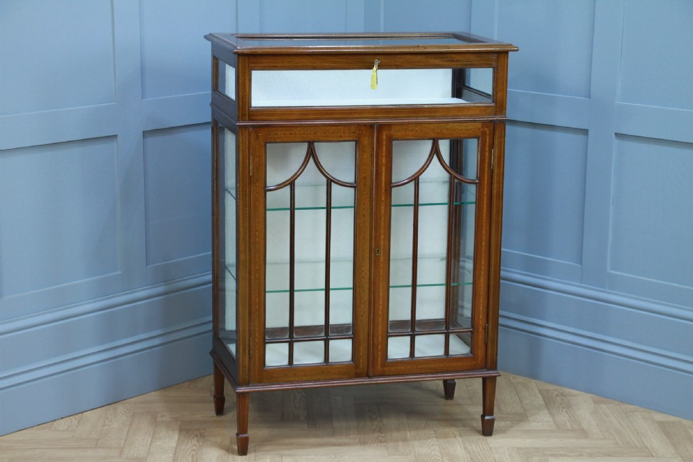 Antique Edwardian Mahogany Inlaid Glazed Collectors Display China Cabinet C1900 View XIII