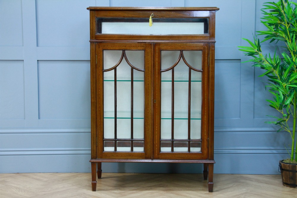 Antique Edwardian Mahogany Inlaid Glazed Collectors Display China Cabinet C1900 View XIV