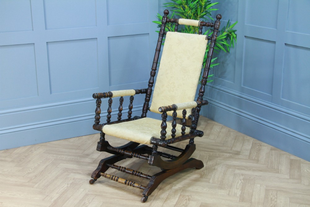 Antique Edwardian Upholstered American Turned Rocking Chair Vintage C1900