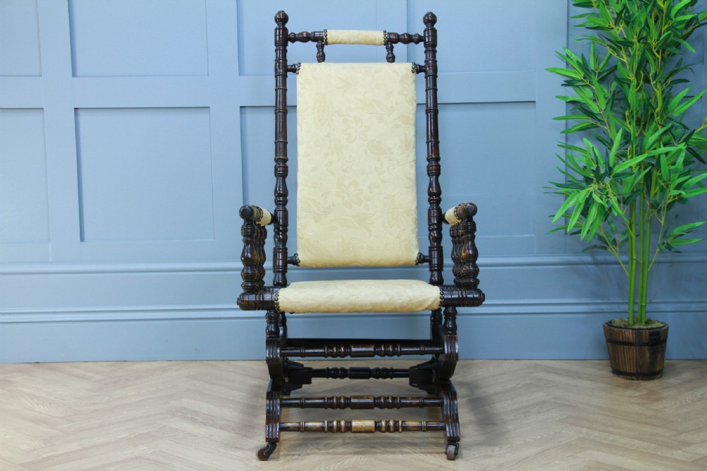 Antique Edwardian Upholstered American Turned Rocking Chair Vintage C1900 View II