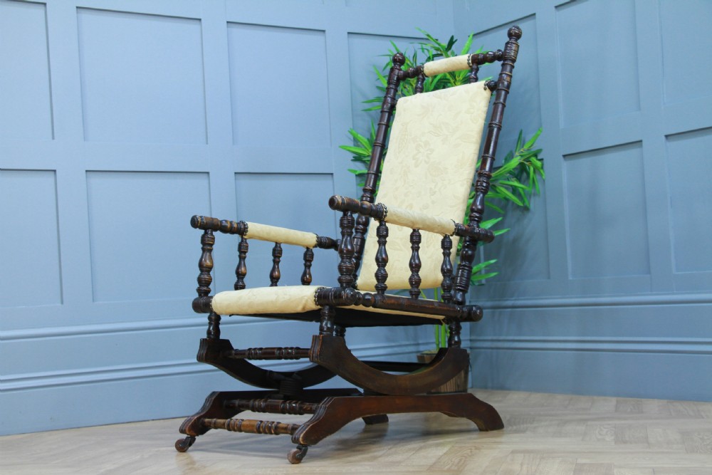 Antique Edwardian Upholstered American Turned Rocking Chair Vintage C1900 View III