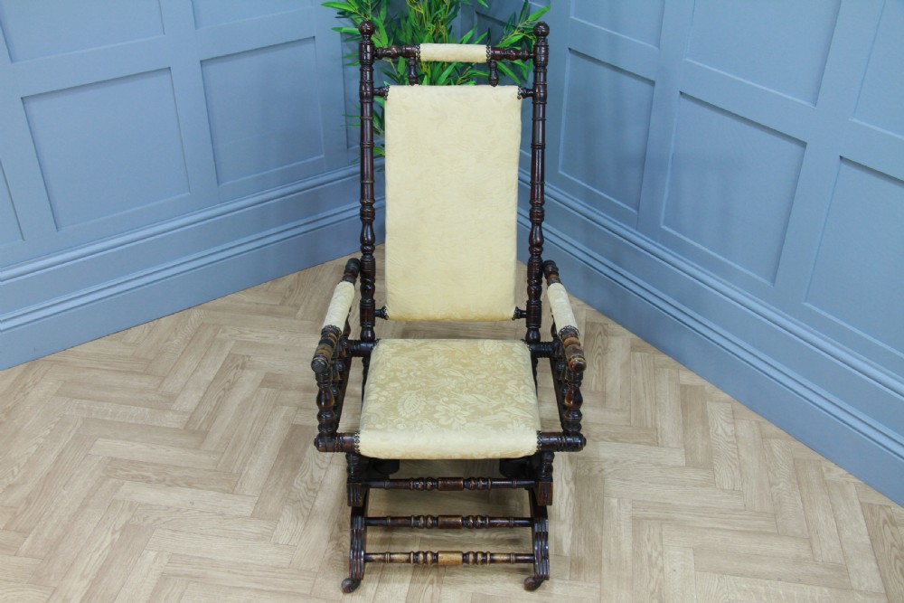Antique Edwardian Upholstered American Turned Rocking Chair Vintage C1900 View IV