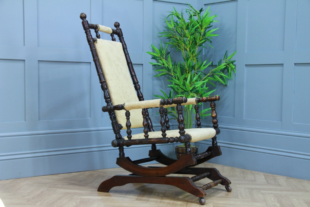 Antique Edwardian Upholstered American Turned Rocking Chair Vintage C1900 View VI