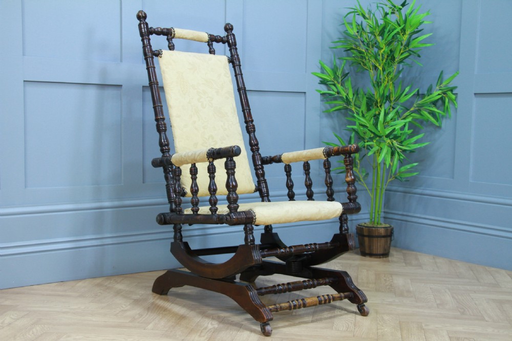 Antique Edwardian Upholstered American Turned Rocking Chair Vintage C1900 View XII