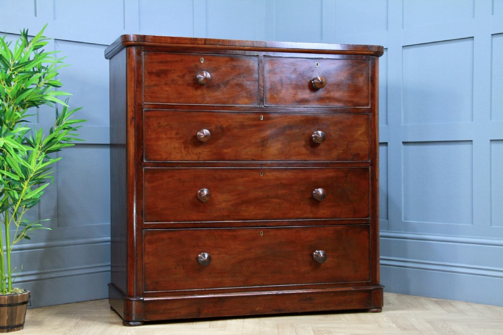 Original Antique Mid Victorian Tall Mahogany Chest Bank of 5 Drawers C1860 View IV