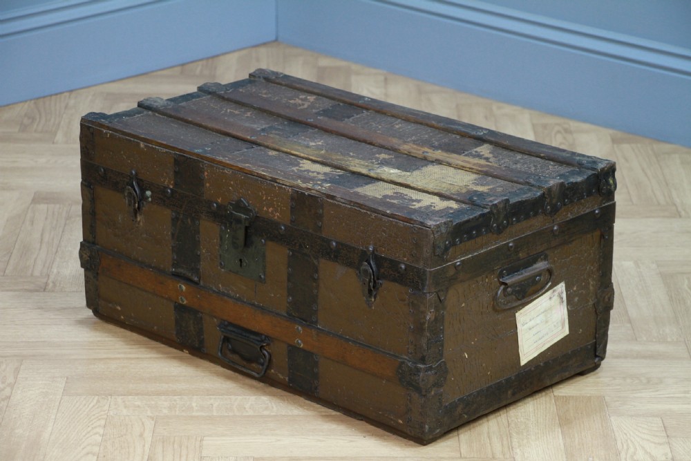 Antique Vintage 1920s Wood & Canvas Travel Chest Steamer Trunk View III