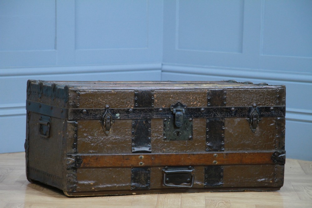 Antique Vintage 1920s Wood & Canvas Travel Chest Steamer Trunk