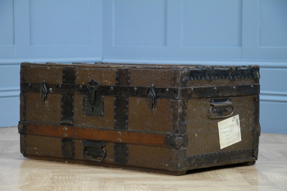 Antique Vintage 1920s Wood & Canvas Travel Chest Steamer Trunk View V