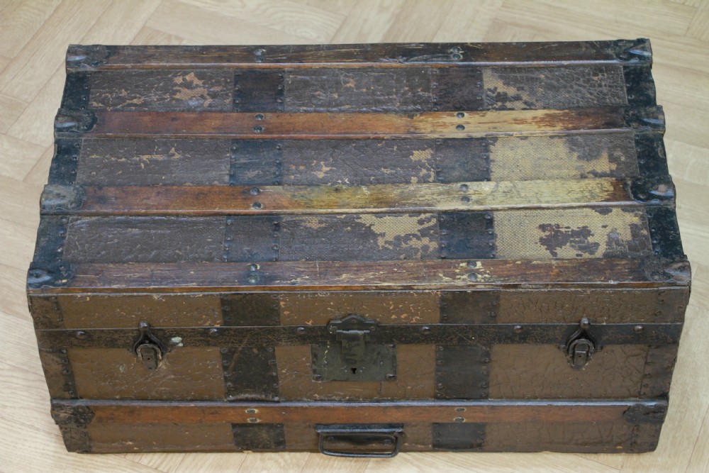 Antique Vintage 1920s Wood & Canvas Travel Chest Steamer Trunk View IX
