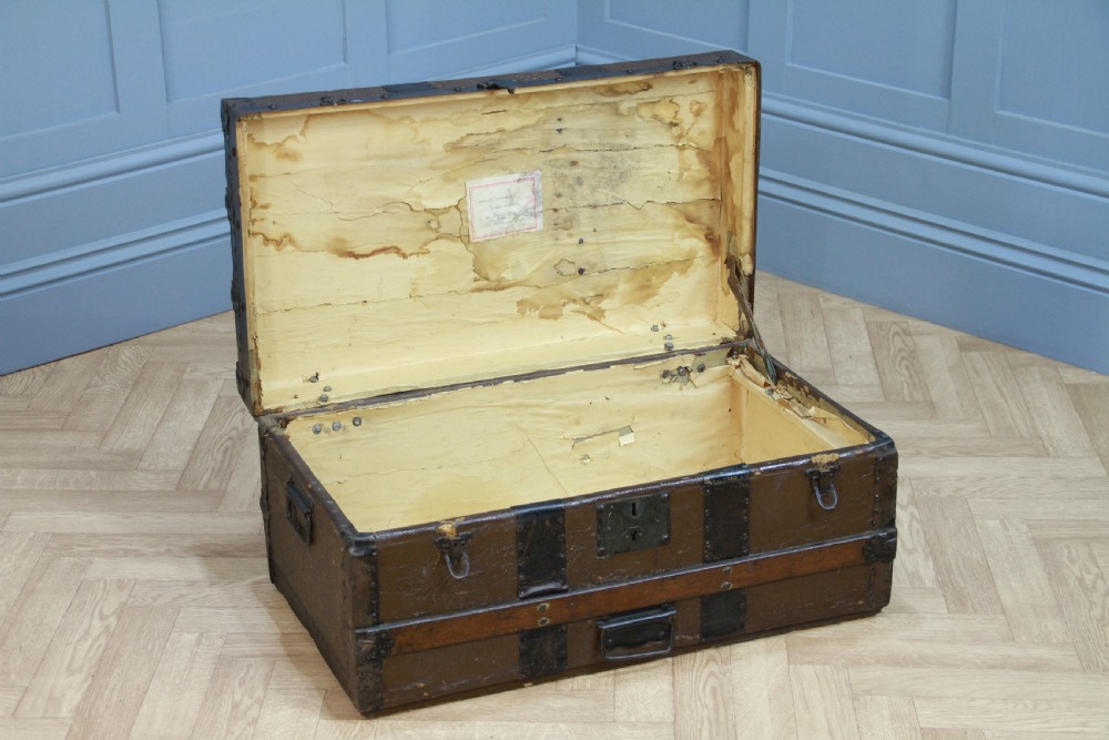 Antique Vintage 1920s Wood & Canvas Travel Chest Steamer Trunk View XI