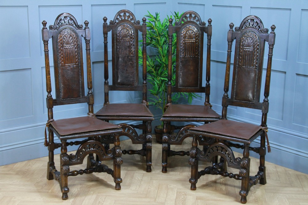 4 Antique Spanish Revival Oak Embossed Leather Cane Seat Tall Back Dining Chairs