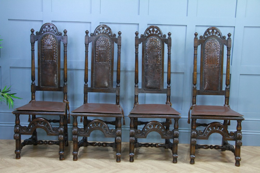 4 Antique Spanish Revival Oak Embossed Leather Cane Seat Tall Back Dining Chairs View III