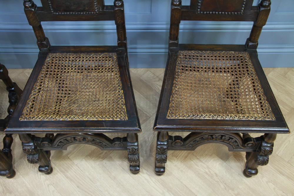 4 Antique Spanish Revival Oak Embossed Leather Cane Seat Tall Back Dining Chairs View V