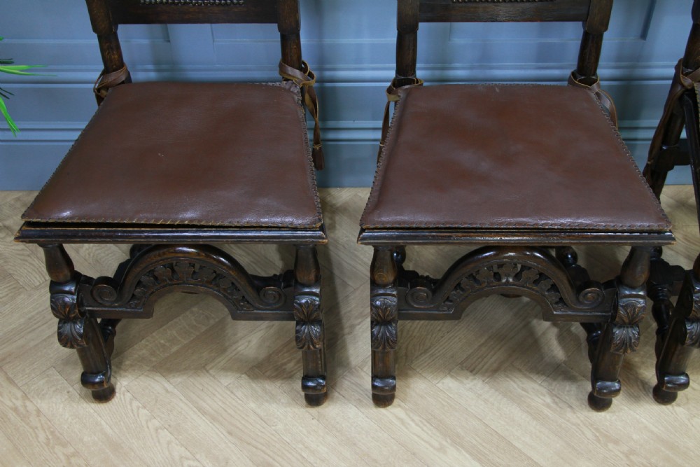 4 Antique Spanish Revival Oak Embossed Leather Cane Seat Tall Back Dining Chairs View VI