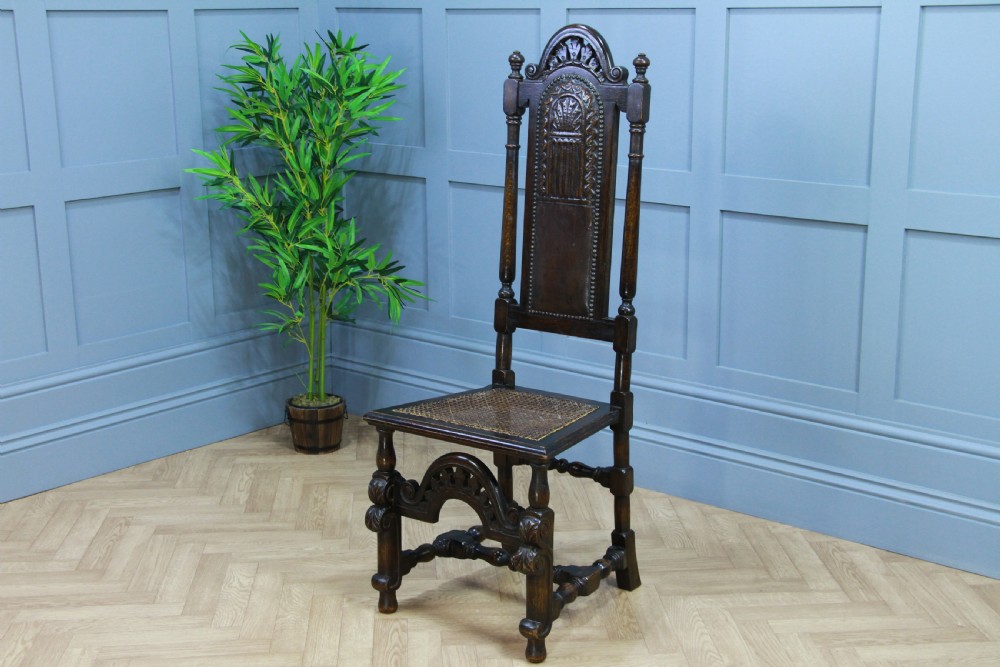 4 Antique Spanish Revival Oak Embossed Leather Cane Seat Tall Back Dining Chairs View VIII