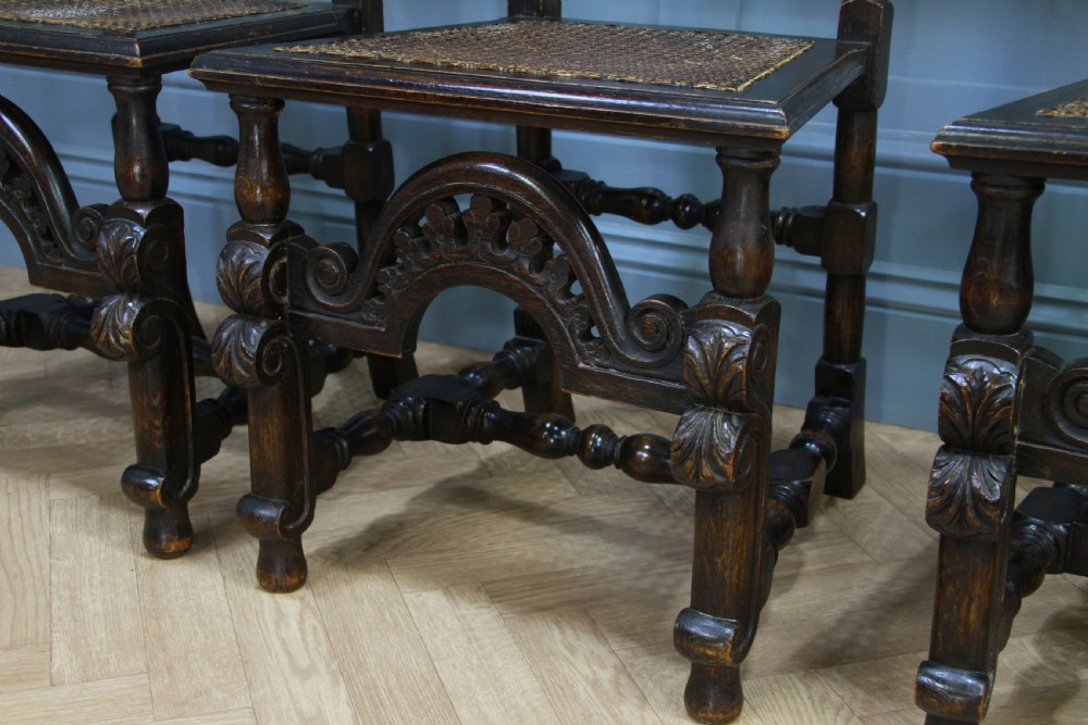 4 Antique Spanish Revival Oak Embossed Leather Cane Seat Tall Back Dining Chairs View IX