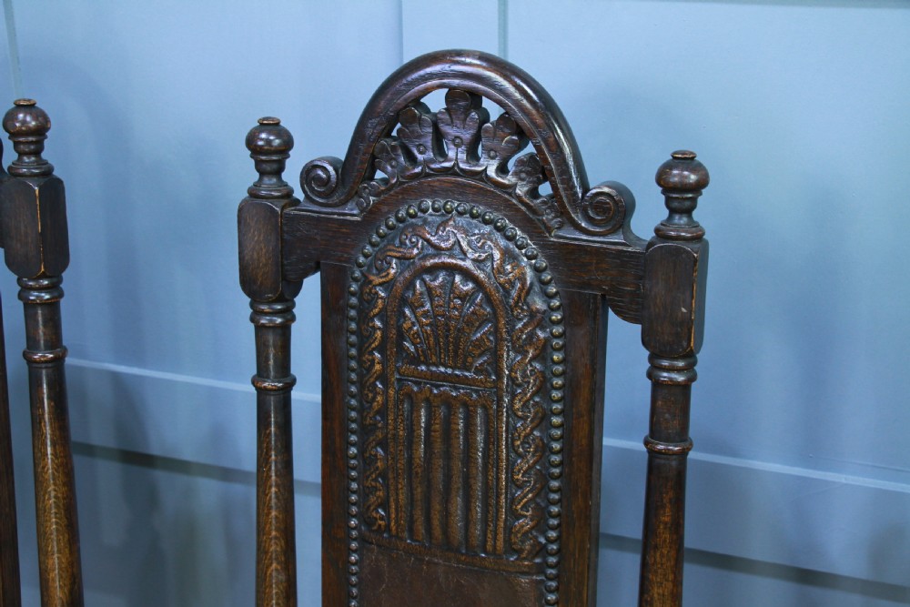 4 Antique Spanish Revival Oak Embossed Leather Cane Seat Tall Back Dining Chairs View X