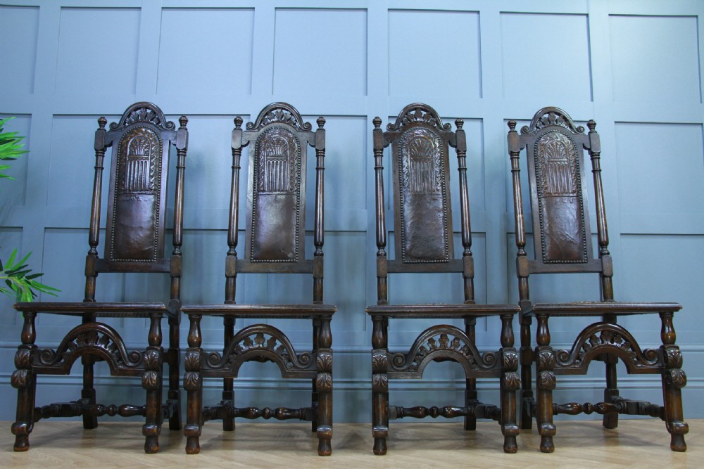 4 Antique Spanish Revival Oak Embossed Leather Cane Seat Tall Back Dining Chairs View XI