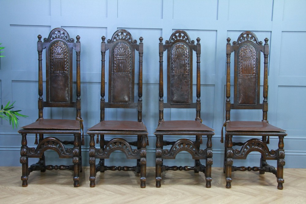 4 Antique Spanish Revival Oak Embossed Leather Cane Seat Tall Back Dining Chairs View XII