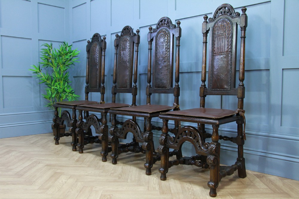 4 Antique Spanish Revival Oak Embossed Leather Cane Seat Tall Back Dining Chairs View XIII