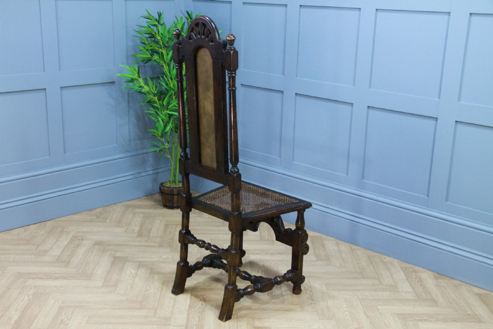 4 Antique Spanish Revival Oak Embossed Leather Cane Seat Tall Back Dining Chairs View XV