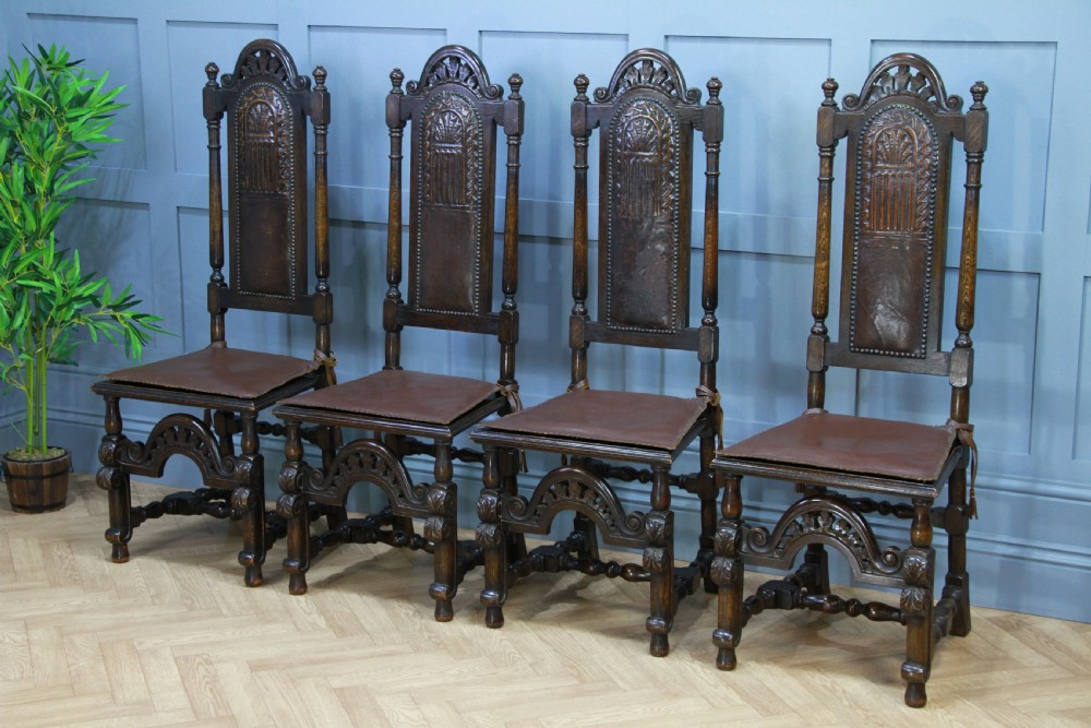 4 Antique Spanish Revival Oak Embossed Leather Cane Seat Tall Back Dining Chairs View XVI