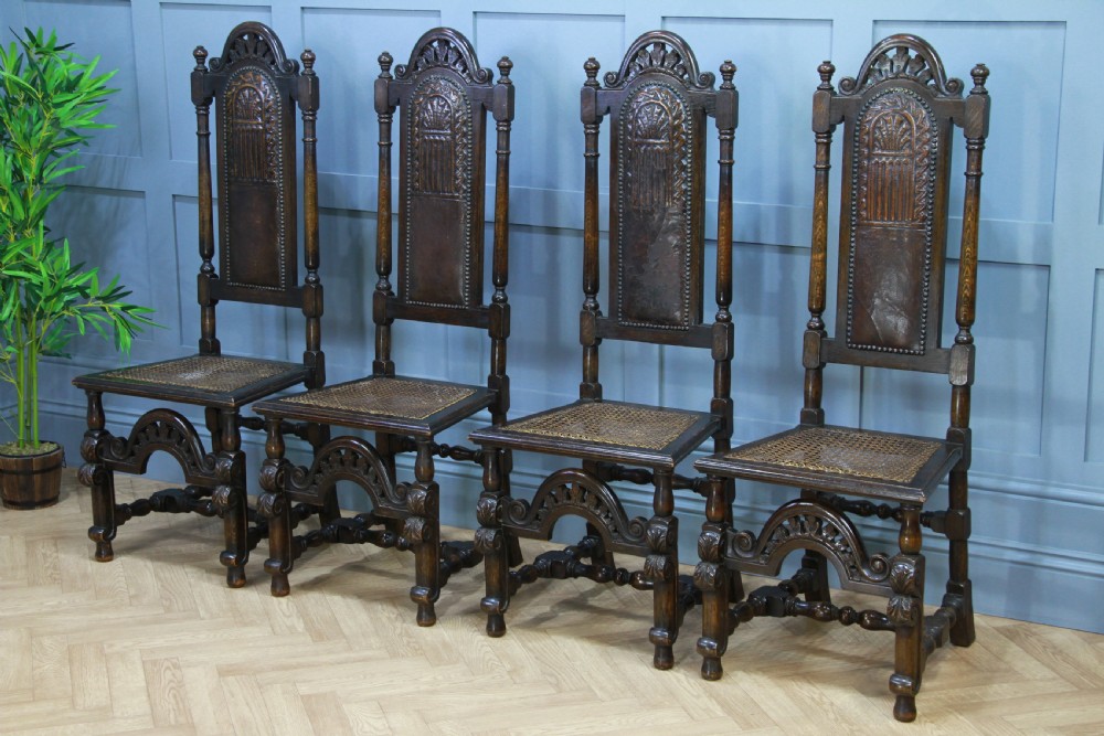 4 Antique Spanish Revival Oak Embossed Leather Cane Seat Tall Back Dining Chairs View XVII