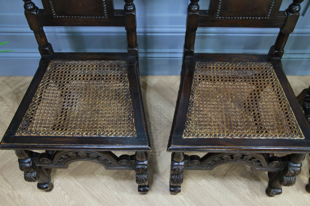 4 Antique Spanish Revival Oak Embossed Leather Cane Seat Tall Back Dining Chairs View XVIII