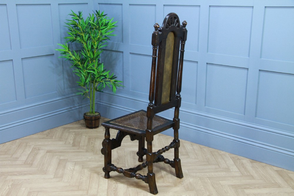 4 Antique Spanish Revival Oak Embossed Leather Cane Seat Tall Back Dining Chairs View XIX