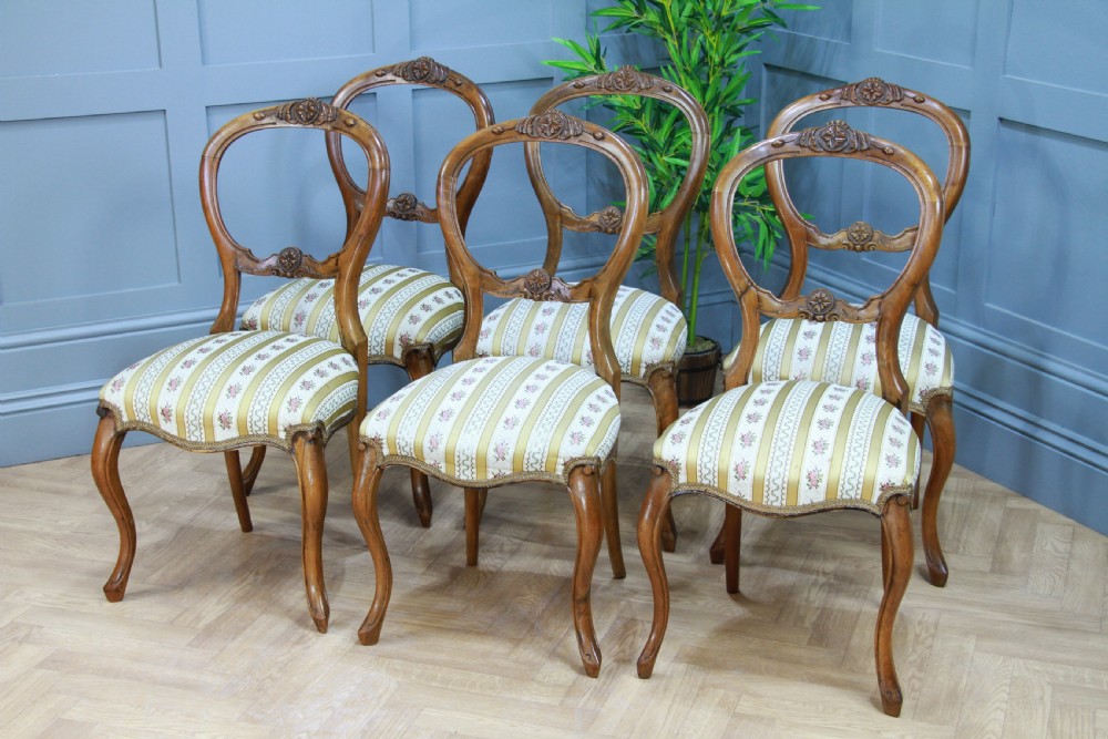 Set of 6 Antique Victorian Walnut Balloon Back Dining Chairs Cabriole Original