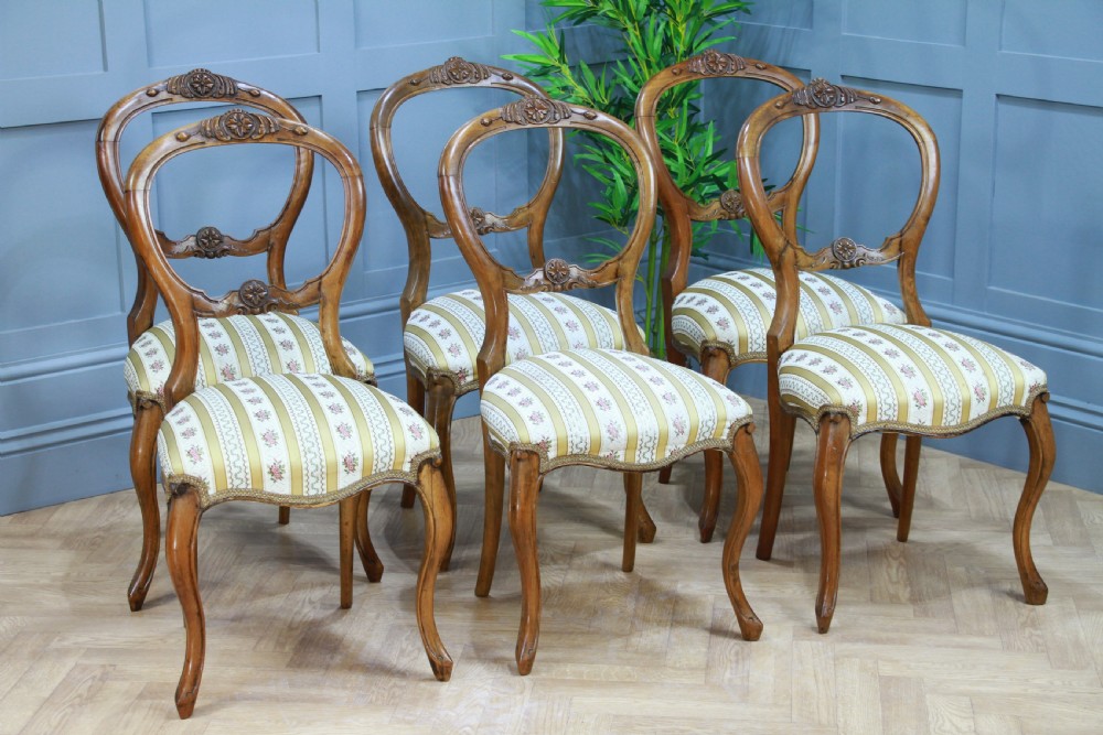 Set of 6 Antique Victorian Walnut Balloon Back Dining Chairs Cabriole Original View II