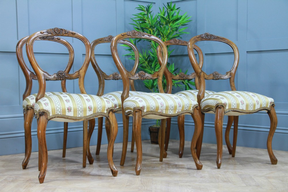 Set of 6 Antique Victorian Walnut Balloon Back Dining Chairs Cabriole Original View III