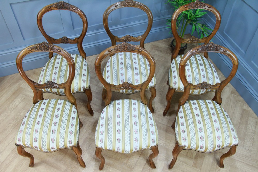 Set of 6 Antique Victorian Walnut Balloon Back Dining Chairs Cabriole Original View V