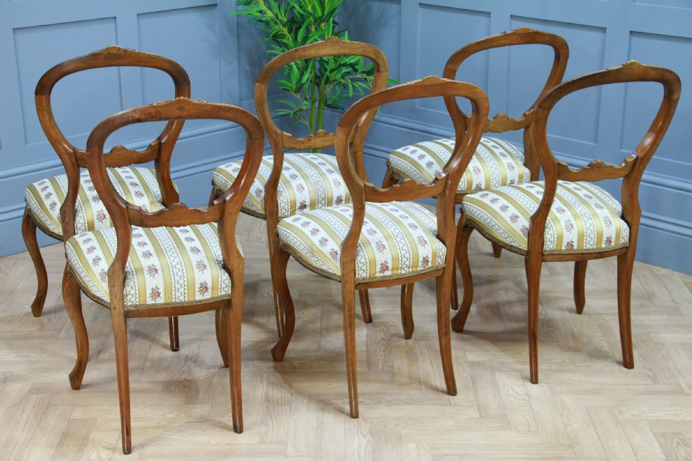 Set of 6 Antique Victorian Walnut Balloon Back Dining Chairs Cabriole Original View VII