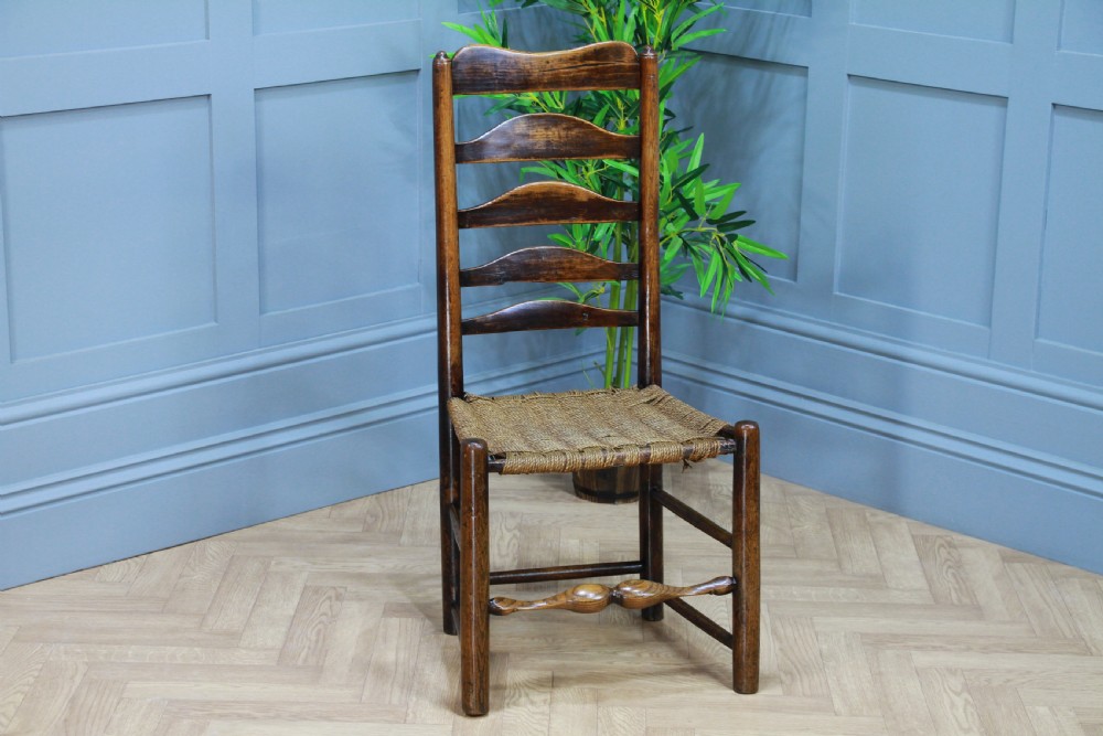 Antique Georgian Country Made Primitive Solid Ash Rope Seated Ladder Back Chair