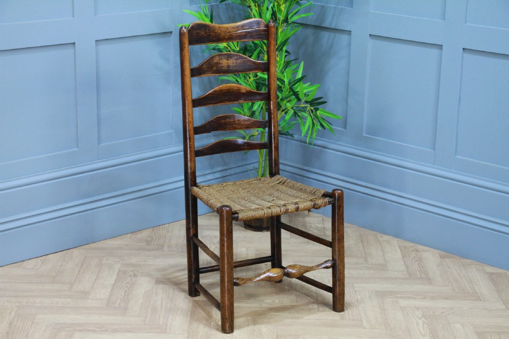 Antique Georgian Country Made Primitive Solid Ash Rope Seated Ladder Back Chair View II