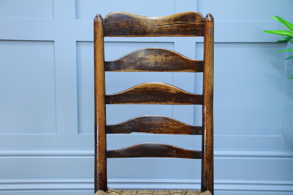 Antique Georgian Country Made Primitive Solid Ash Rope Seated Ladder Back Chair View V
