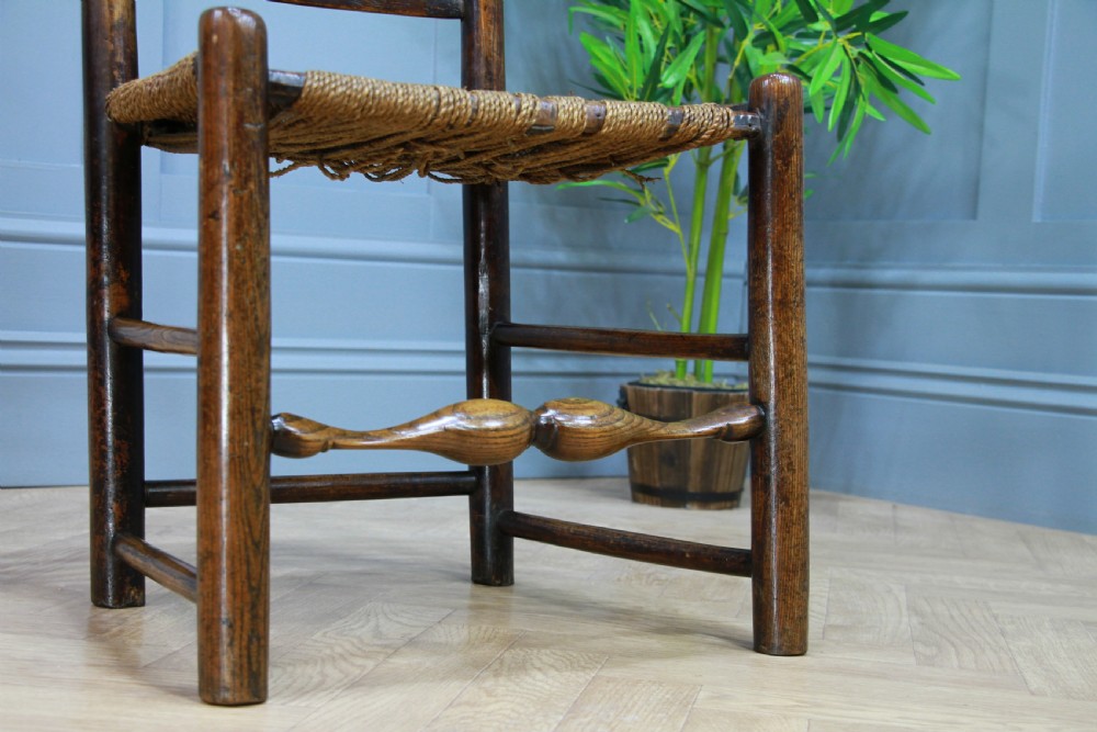 Antique Georgian Country Made Primitive Solid Ash Rope Seated Ladder Back Chair View X