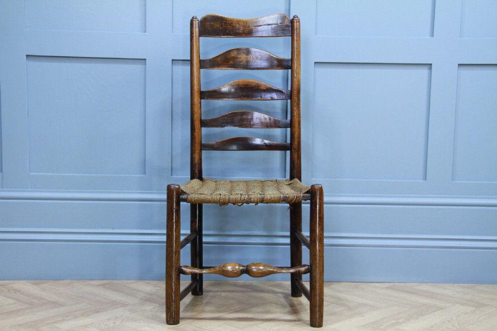 Antique Georgian Country Made Primitive Solid Ash Rope Seated Ladder Back Chair View XI
